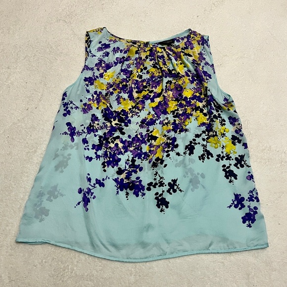 Talbots 100% Silk Aqua Floral Tank Top - Size 8P - Picture 2 of 9